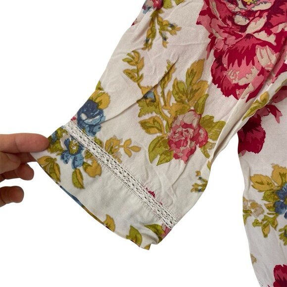 J Jill Petite L Cottage Floral Tunic Boho Boxy Blouse 3/4 Sleeve Lace Trim Rayon - Picture 5 of 16